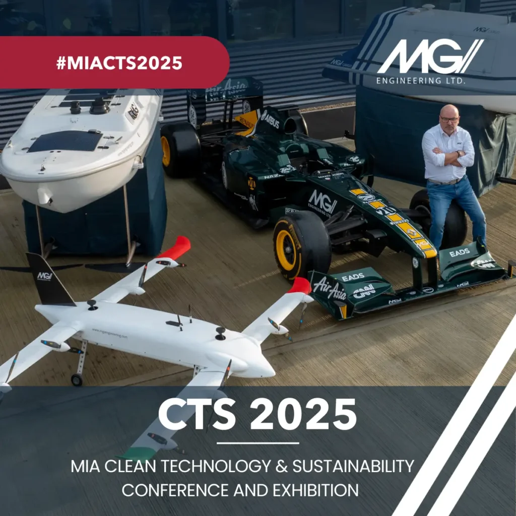 MGI Engineering display featuring a SkyShark drone, F1 car, and boat at the MIA Clean Technology & Sustainability Conference 2025