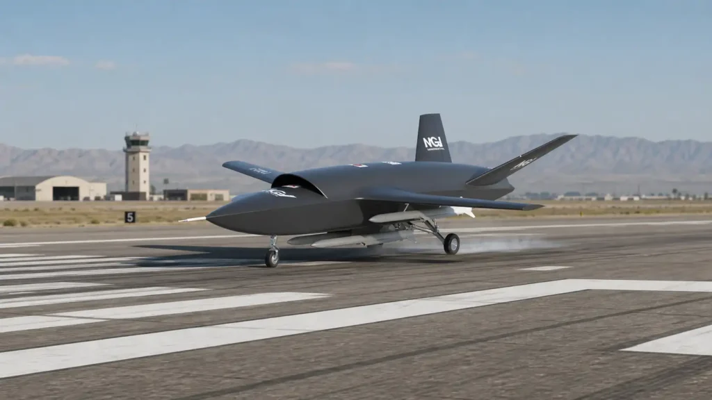 MGI T-022 Vortex Autonomous Collaborative Combat Aircraft accelerating on runway during take-off